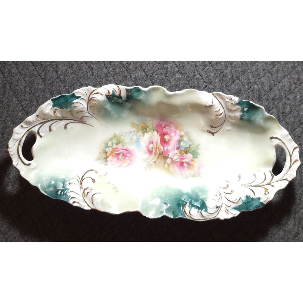 Antique RS Prussia Red Mark Celery Dish Relish Tray Molded Leaf Floral Blown Out